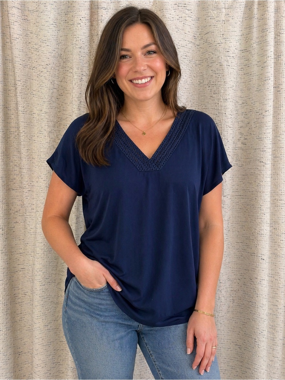 Grace Navy V-Neck Short Sleeve Top with Crochet Trim